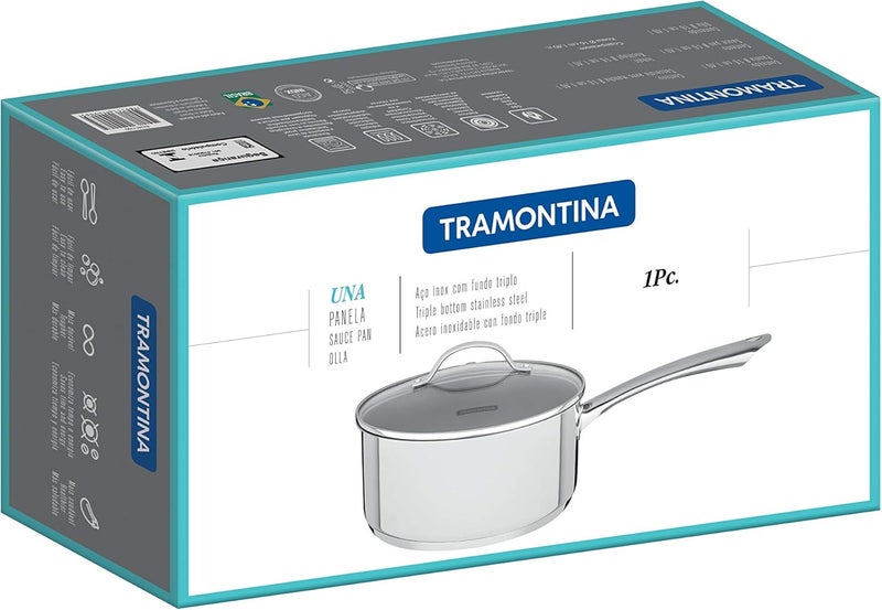 TRAMONTINA قدر ترموندينا أونا من الفولاذ المقاوم للصدأ بقاعدة ثلاثية الطبقات وغطاء زجاجي، 16 سم و 1.4 لتر - Image 3